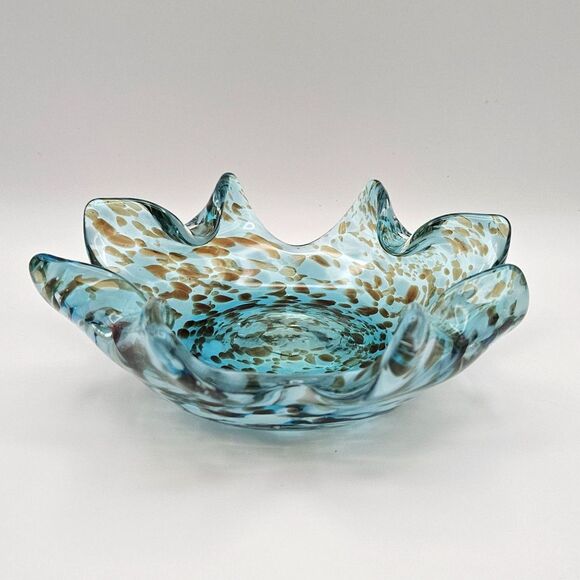 Art Glass Ruffle Bowl Dish Blue Aqua Brown Splatters Murano-like Star Fish - Picture 6 of 12